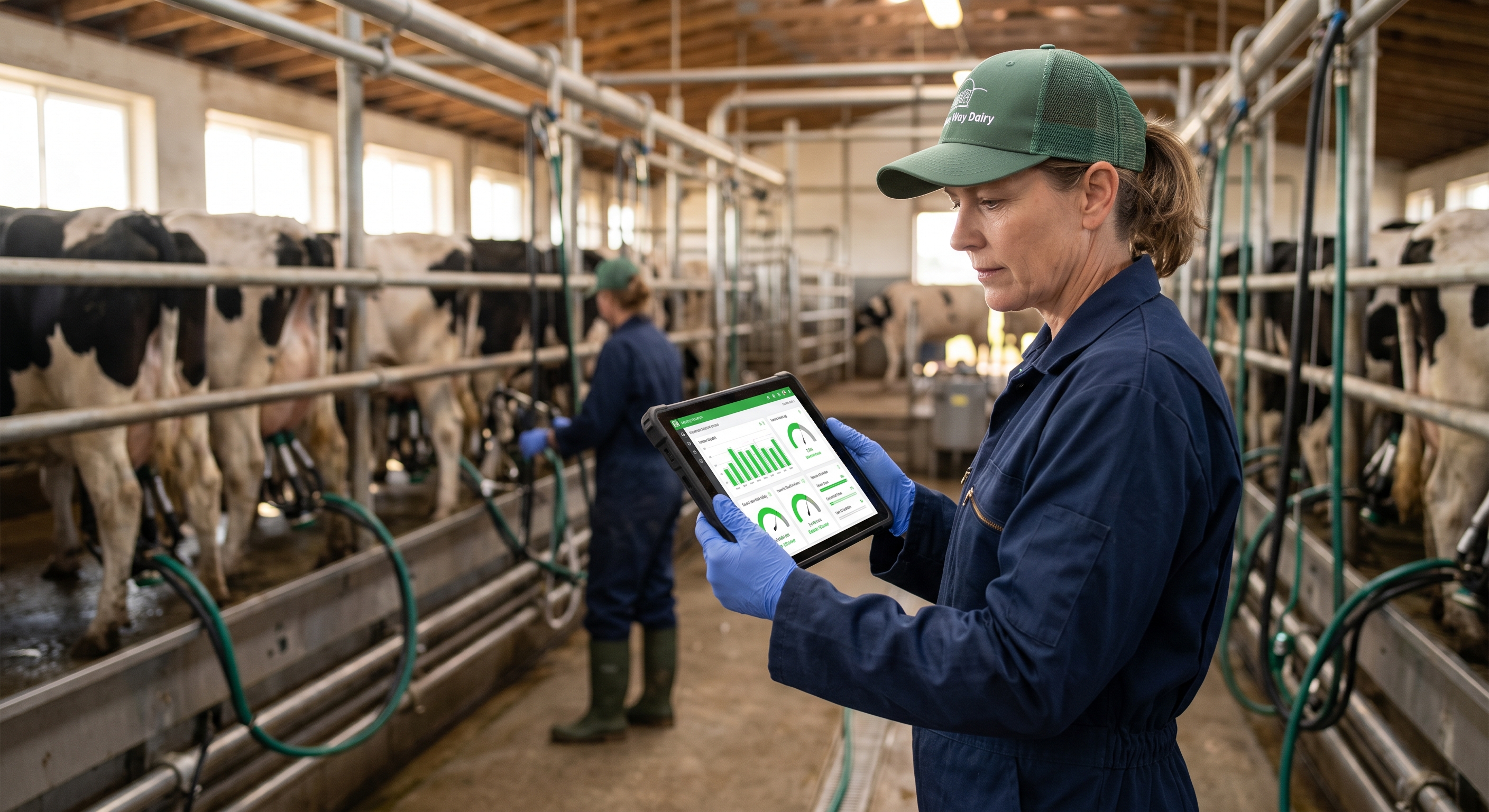 Dairy farmer reviewing real-time herd data on a tablet in a milking parlor