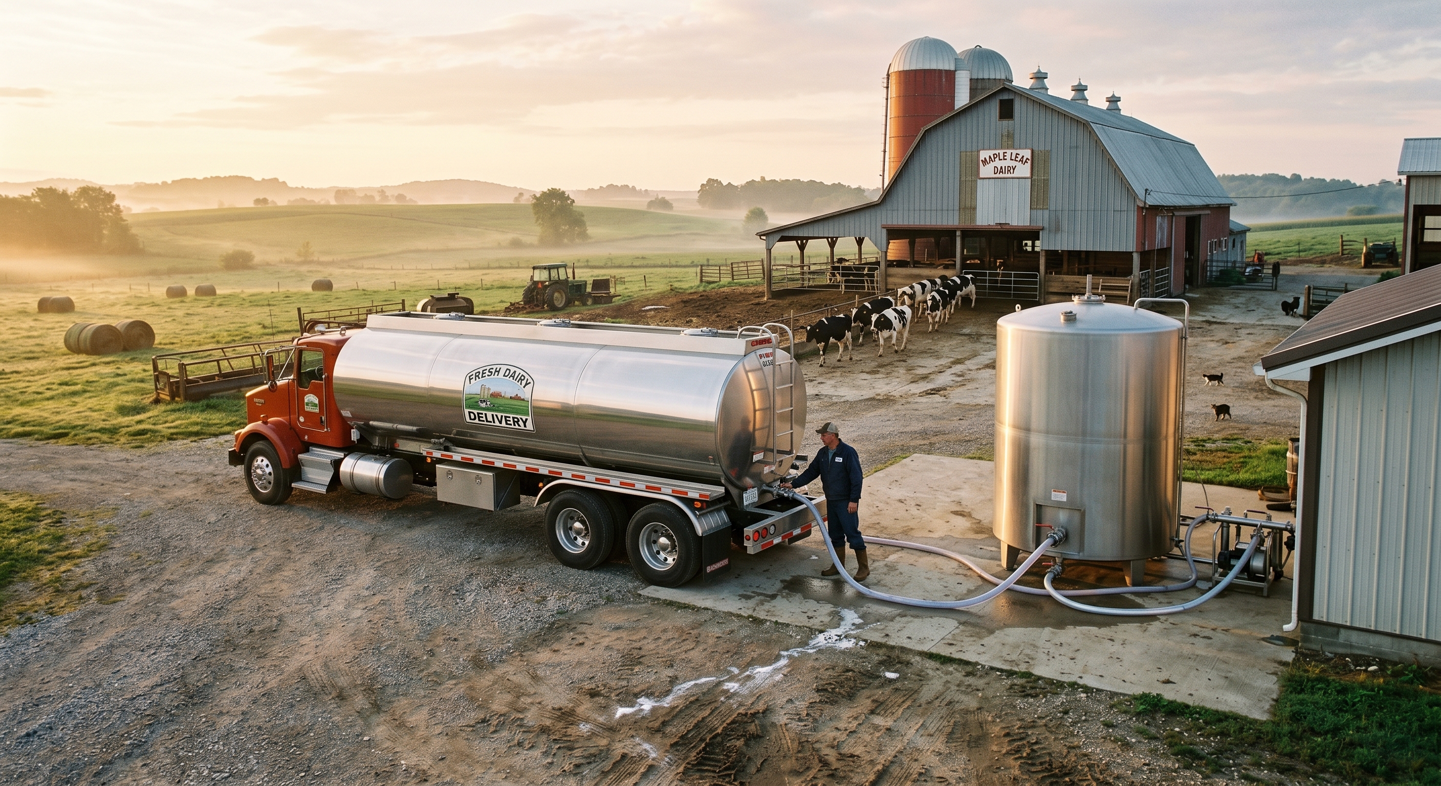 Milk tanker driver collecting milk from bulk tank on a dairy farm
