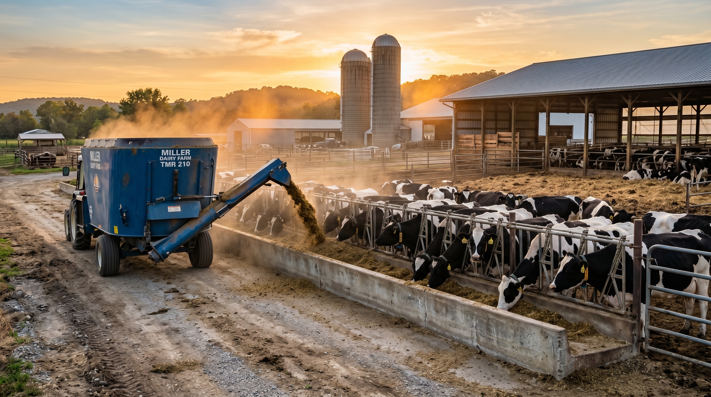 TMR mixer dispensing feed at a concrete feed bunk with Holstein cows eating