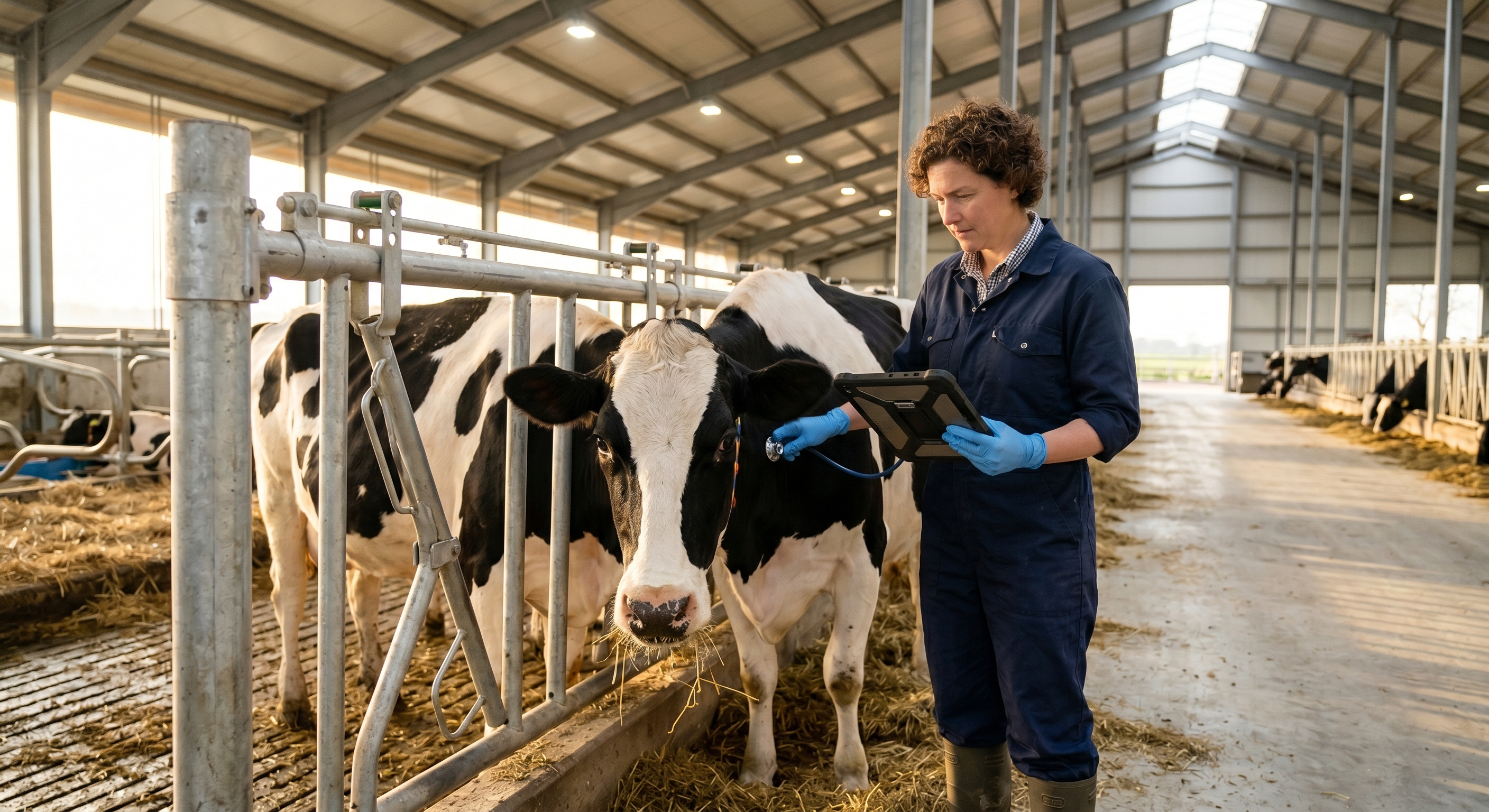 Veterinarian examining a Holstein cow with tablet showing health data